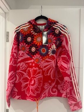 Adidas Farm Rio Red and Pink Floral Hooded Sweatshirt with White Stripes
